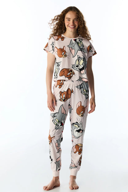 Lila Looney Tunes Tom&jerry Kedi Desenli Pantolon Kısa Kollu Pijama Takımı