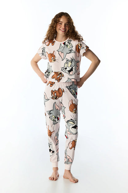 Lila Looney Tunes Tom&jerry Kedi Desenli Pantolon Kısa Kollu Pijama Takımı