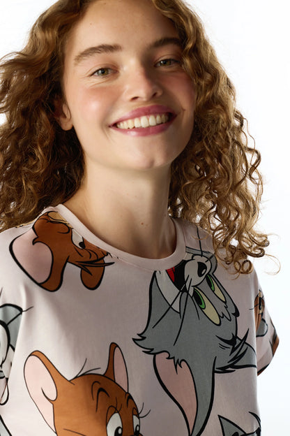 Lila Looney Tunes Tom&jerry Kedi Desenli Pantolon Kısa Kollu Pijama Takımı