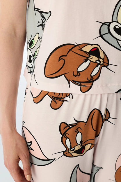 Lila Looney Tunes Tom&jerry Kedi Desenli Pantolon Kısa Kollu Pijama Takımı