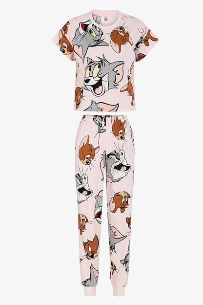 Lila Looney Tunes Tom&jerry Kedi Desenli Pantolon Kısa Kollu Pijama Takımı