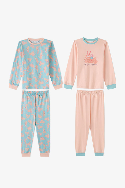 Kız Çocuk Mint Bunny Ride Pamuklu Uzun Kollu 2'li Pijama Takımı