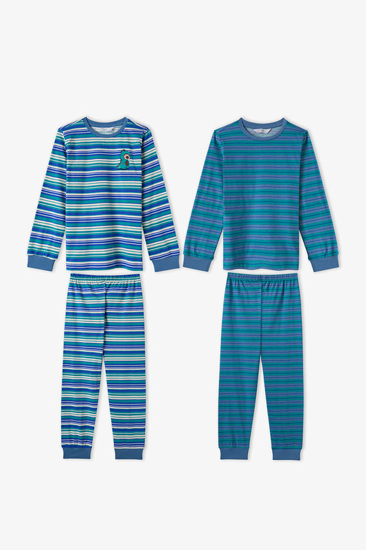 Erkek Çocuk Mavi Çizgili Lovers Pamuklu Uzun Kollu 2'li Pijama Takımı