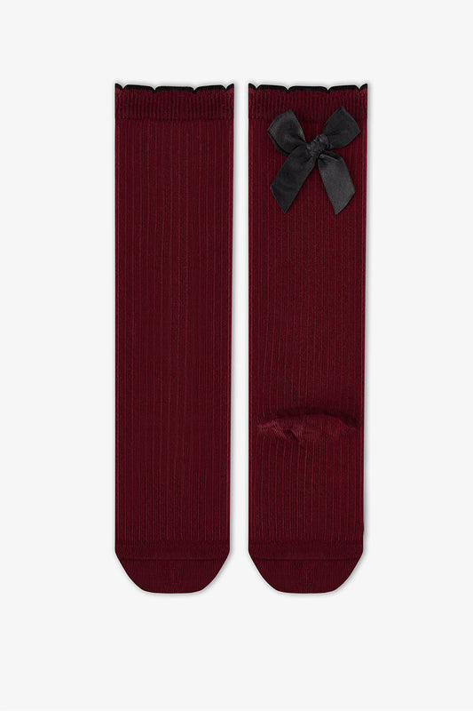 Kız Çocuk Bordo Preppy Sweetie Fiyonk Desenli Pamuklu Pantolon Çorap