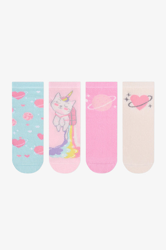 Kız Çocuk Caticorn Galaxy Unicorn Desenli Pamuklu 4 Çift Soket Çorap