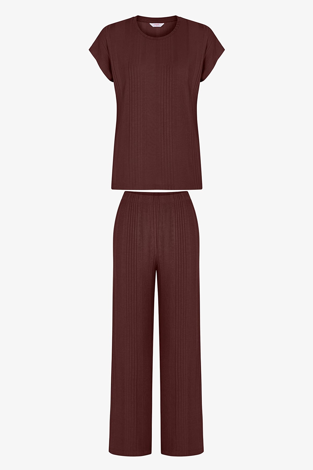 Kahverengi Sleep Mode Fitilli Pantolon Kısa Kollu Pijama Takımı