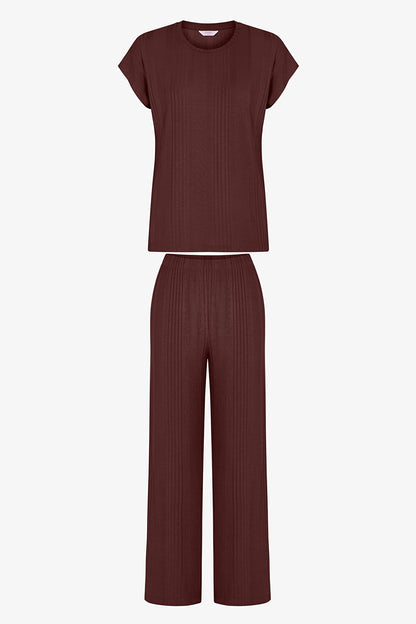 Kahverengi Sleep Mode Fitilli Pantolon Kısa Kollu Pijama Takımı