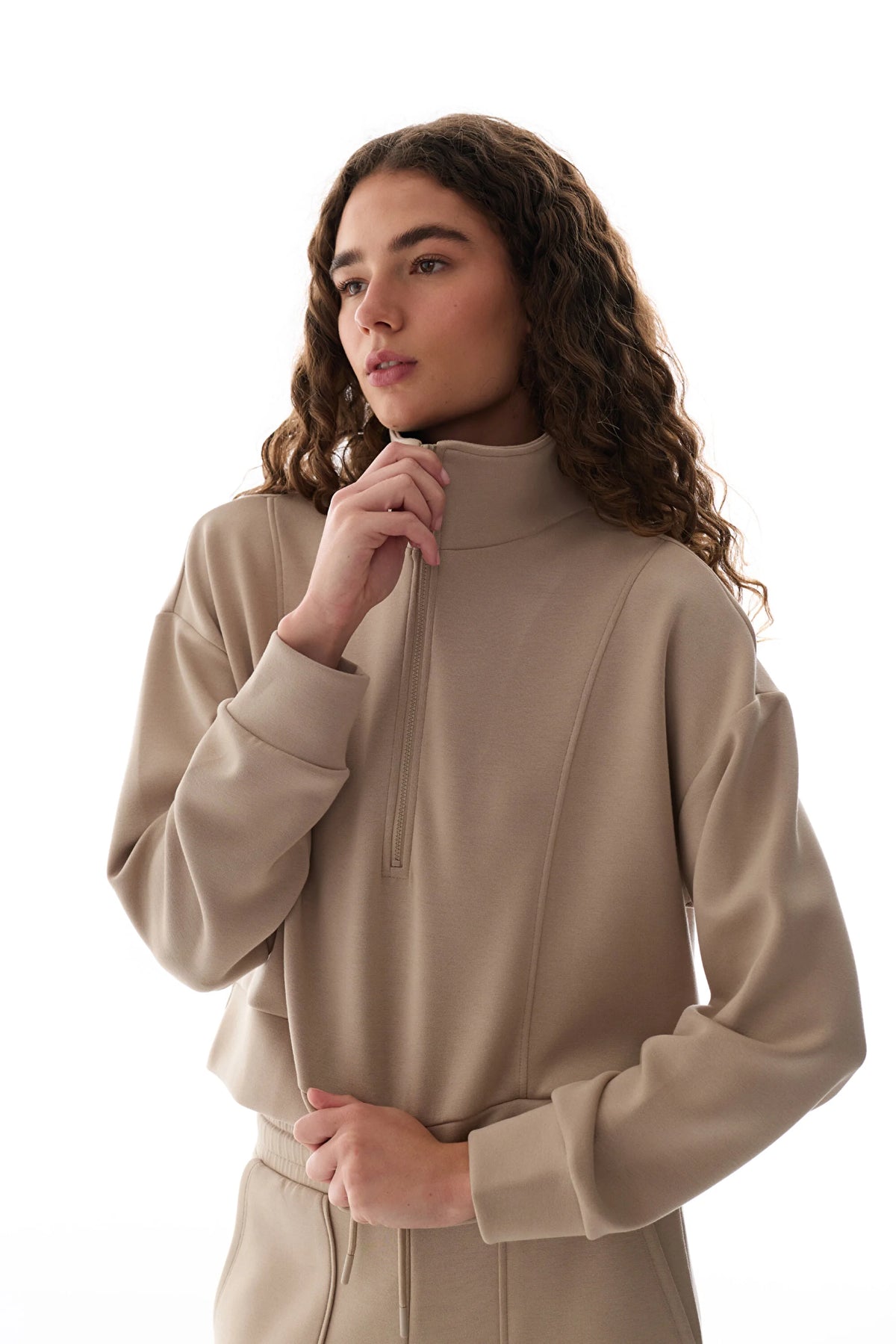 Bej Ipeksi Dokunuş Silky Touch Yarım Fermuarlı Sweatshirt