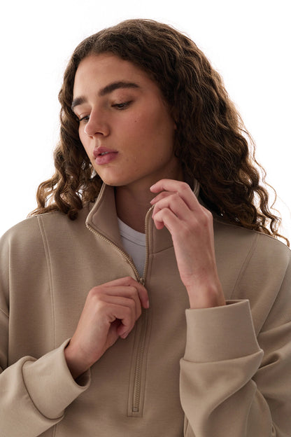 Bej Ipeksi Dokunuş Silky Touch Yarım Fermuarlı Sweatshirt