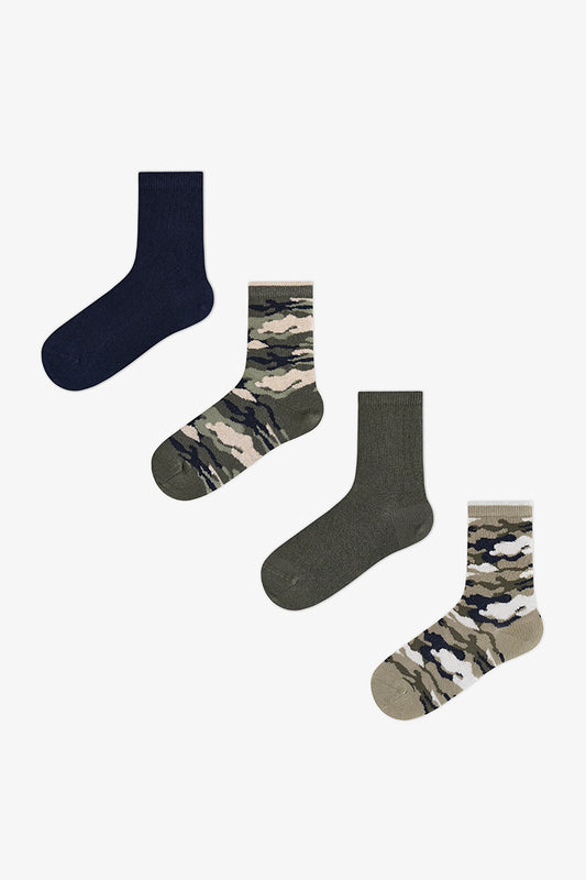Erkek Çocuk Yeşil Camo Kamuflaj Desenli Pamuklu 4 Çift Soket Çorap