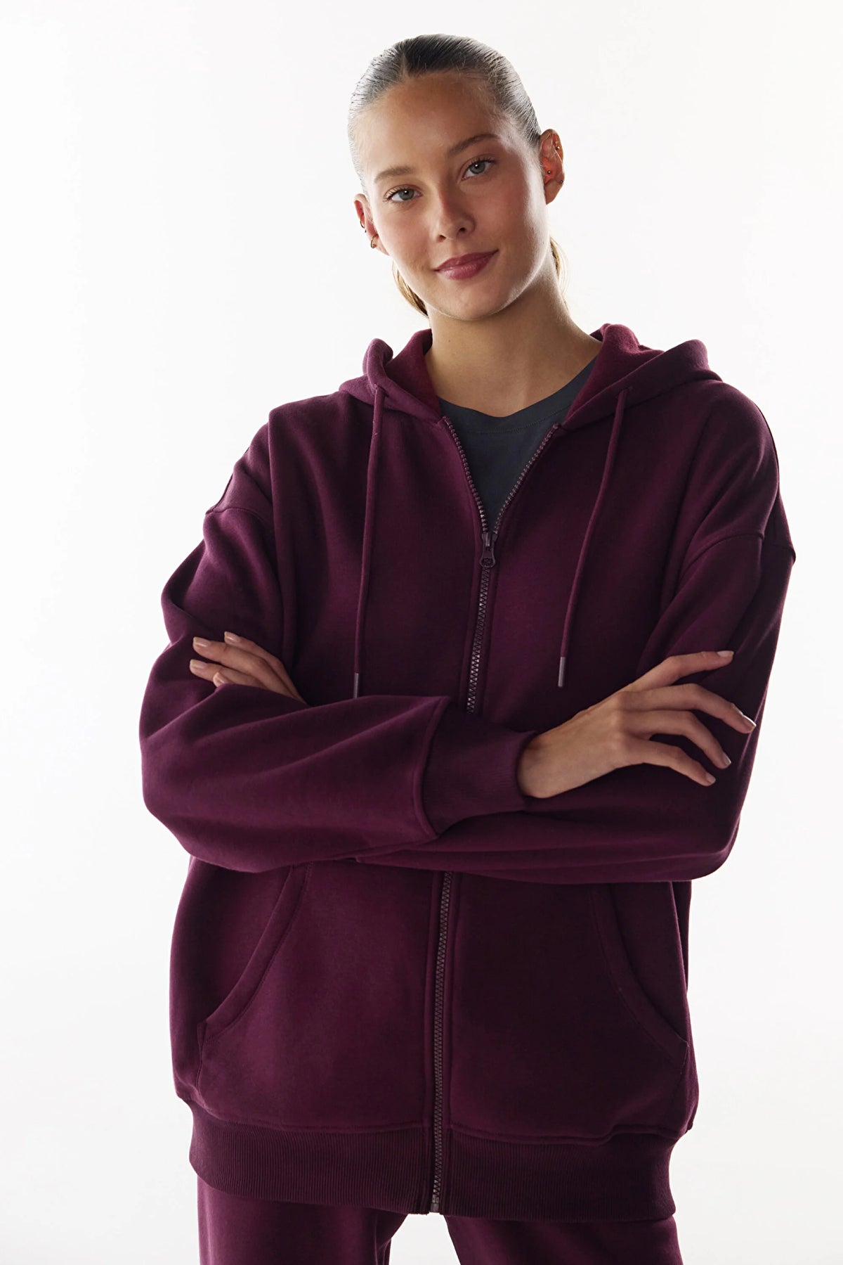 Bordo Şardonlu Fermuarlı Kapüşonlu Sweatshirt