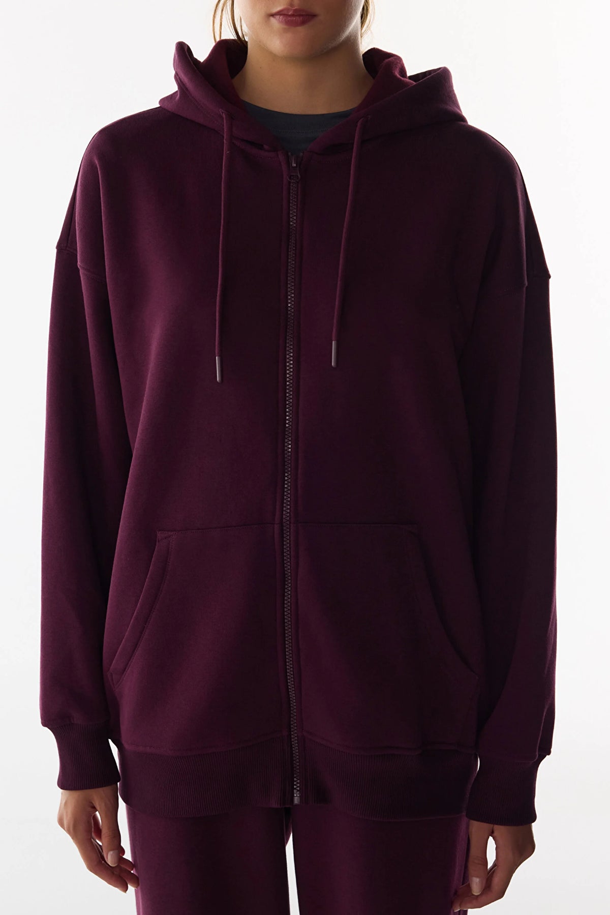 Bordo Şardonlu Fermuarlı Kapüşonlu Sweatshirt