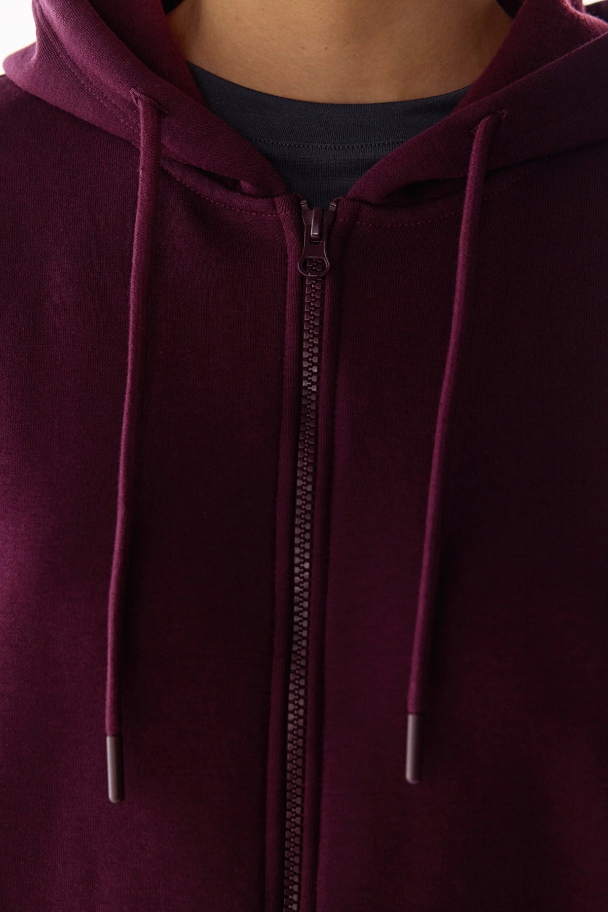 Bordo Şardonlu Fermuarlı Kapüşonlu Sweatshirt