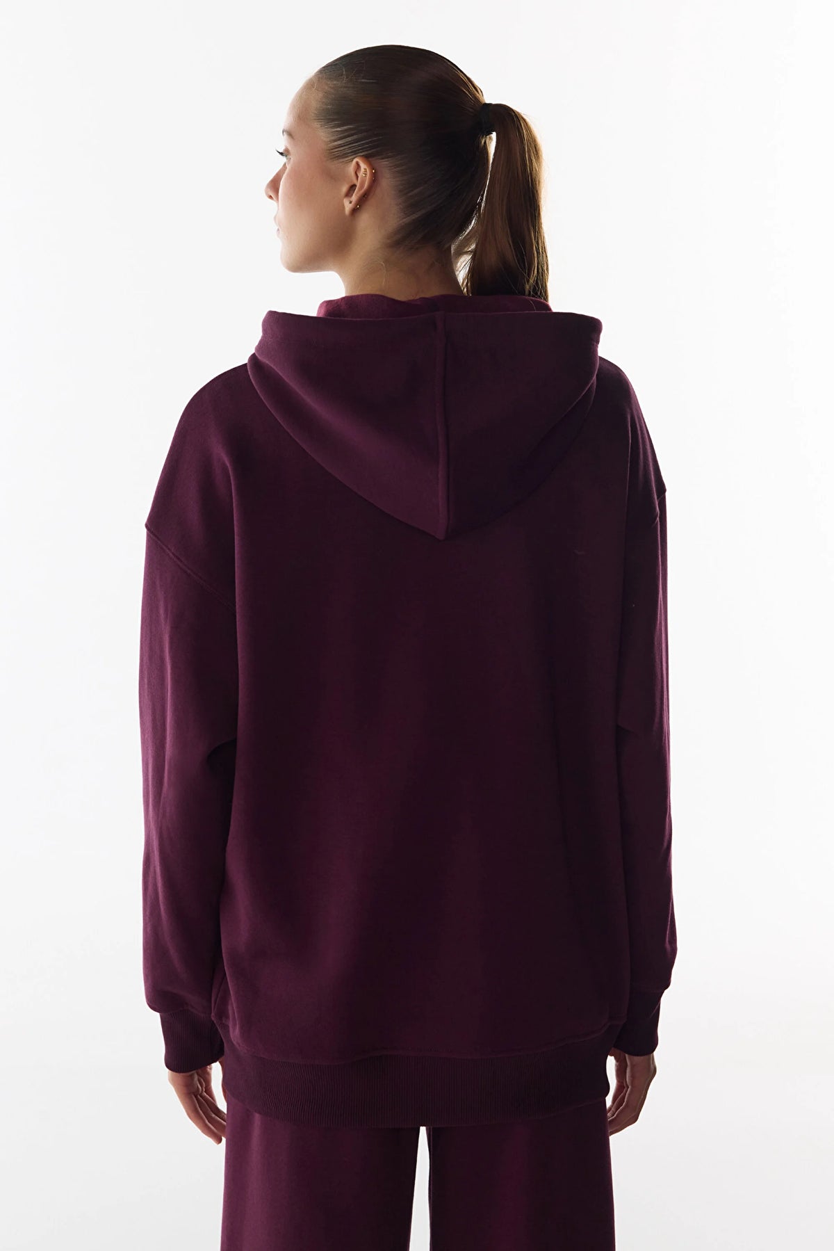 Bordo Şardonlu Fermuarlı Kapüşonlu Sweatshirt