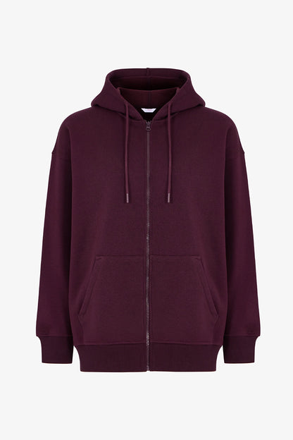 Bordo Şardonlu Fermuarlı Kapüşonlu Sweatshirt