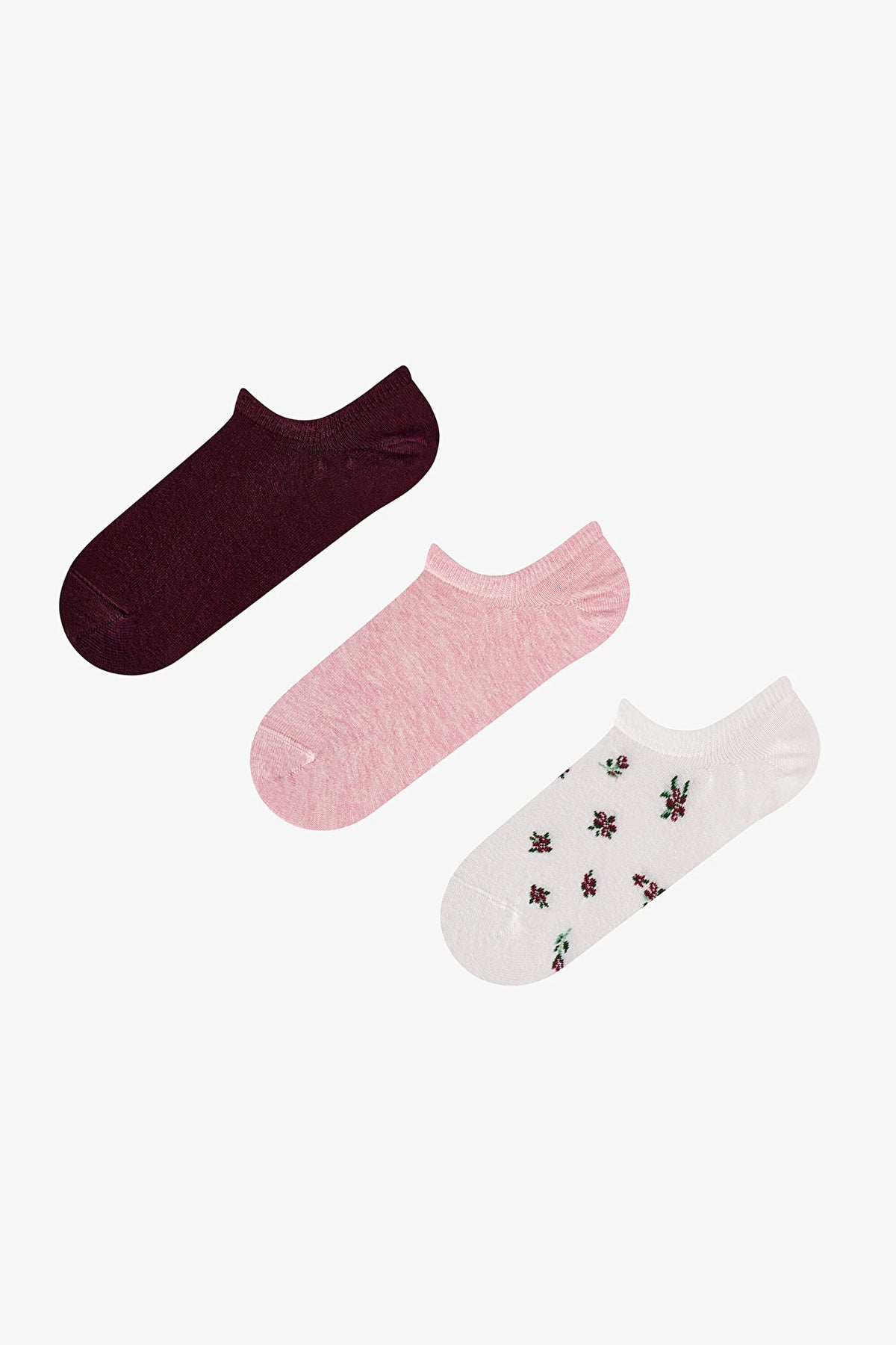 Beyaz Pembe Soft Garden Çiçek Desenli Pamuklu 3 Çift Sneaker Çorap