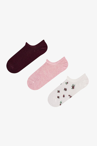 Beyaz Pembe Soft Garden Çiçek Desenli Pamuklu 3 Çift Sneaker Çorap