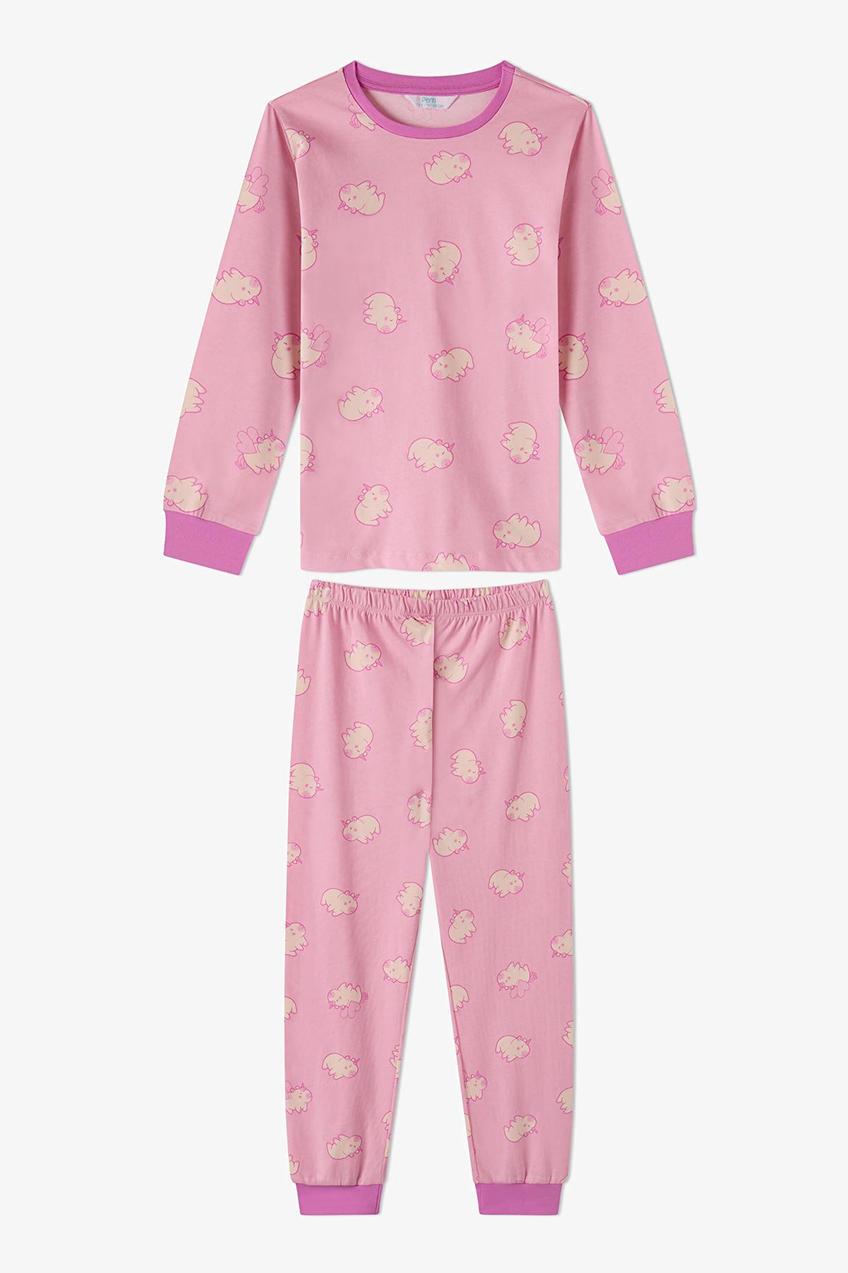 Kız Çocuk Pembe Capycorn Pamuklu Uzun Kollu 2'li Pijama Takımı