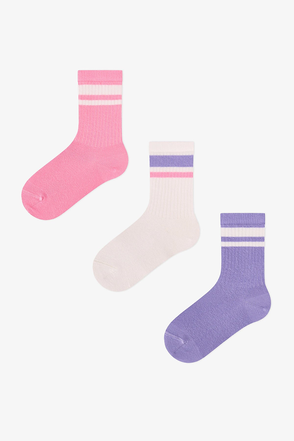 Kız Çocuk Lila Violet Mist Çizgili Pamuklu 3 Çift Soket Çorap