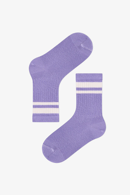 Kız Çocuk Lila Violet Mist Çizgili Pamuklu 3 Çift Soket Çorap