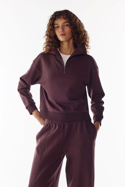 Koyu Bordo Yarım Fermuarlı Şardonlu Sweatshirt