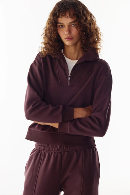 Koyu Bordo Yarım Fermuarlı Şardonlu Sweatshirt