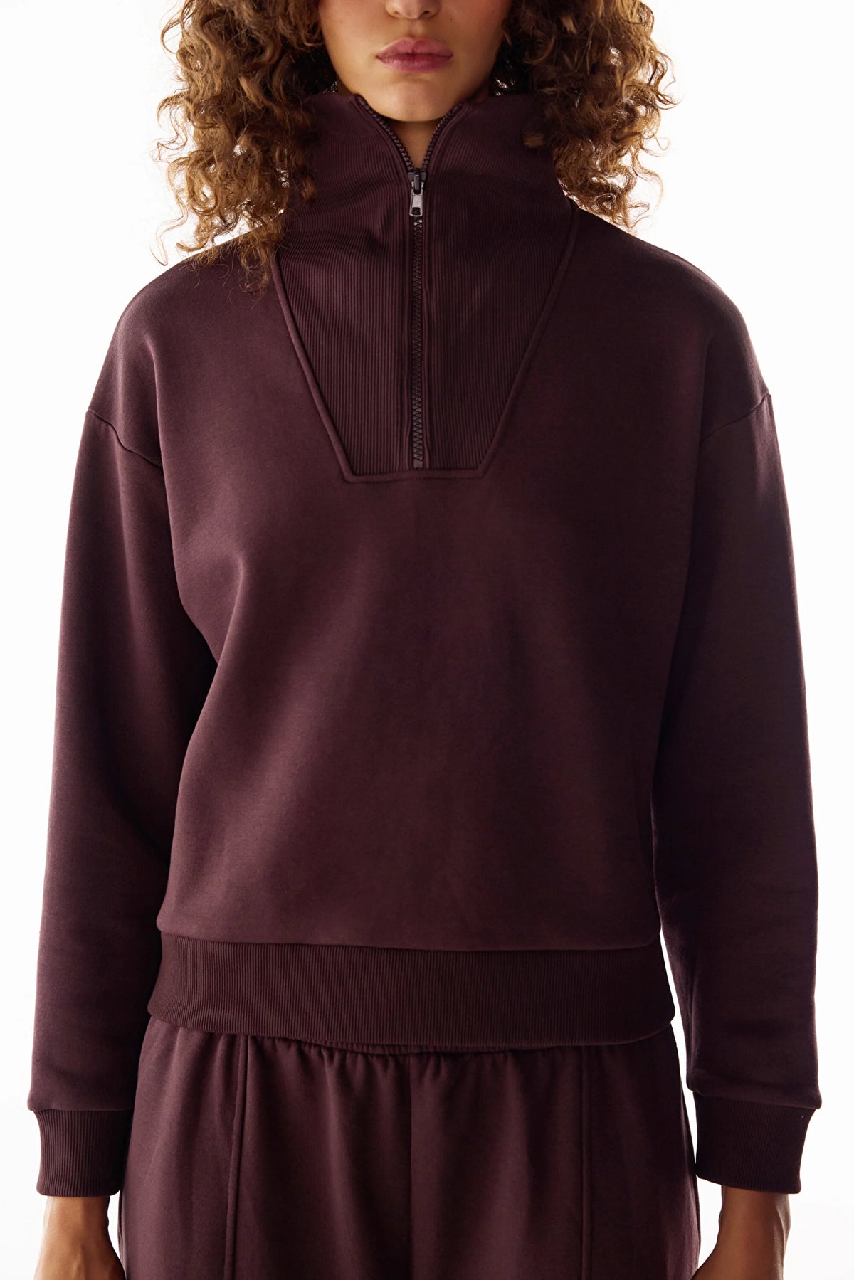 Koyu Bordo Yarım Fermuarlı Şardonlu Sweatshirt