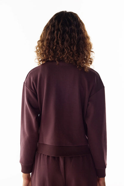 Koyu Bordo Yarım Fermuarlı Şardonlu Sweatshirt