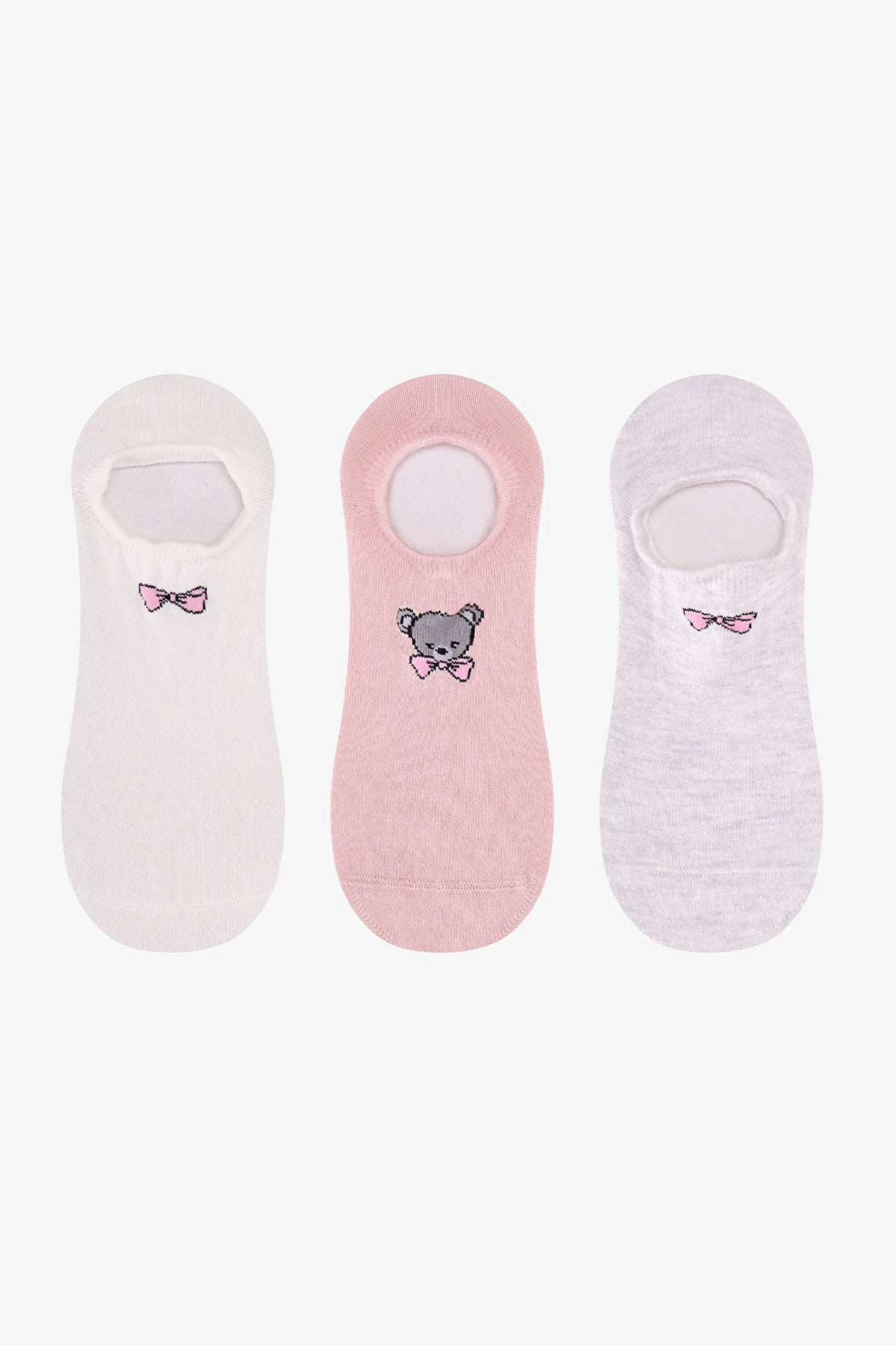 Beyaz Gri Pembe Tiny Bear 3 Çift Sneaker Çorap