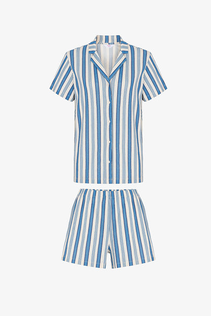 Çizgili Pointel Kısa Kollu Gömlek Şort Pijama Takımı