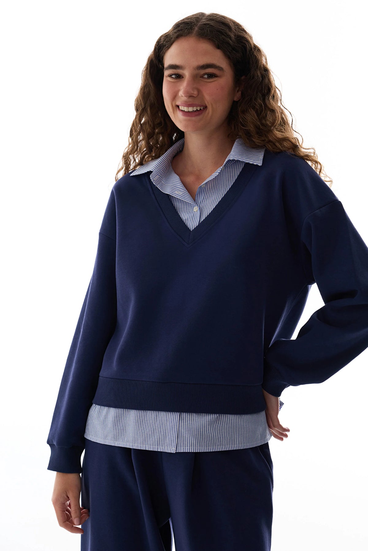 Lacivert Gömlek Katmanlı Polo Yaka Sweatshirt