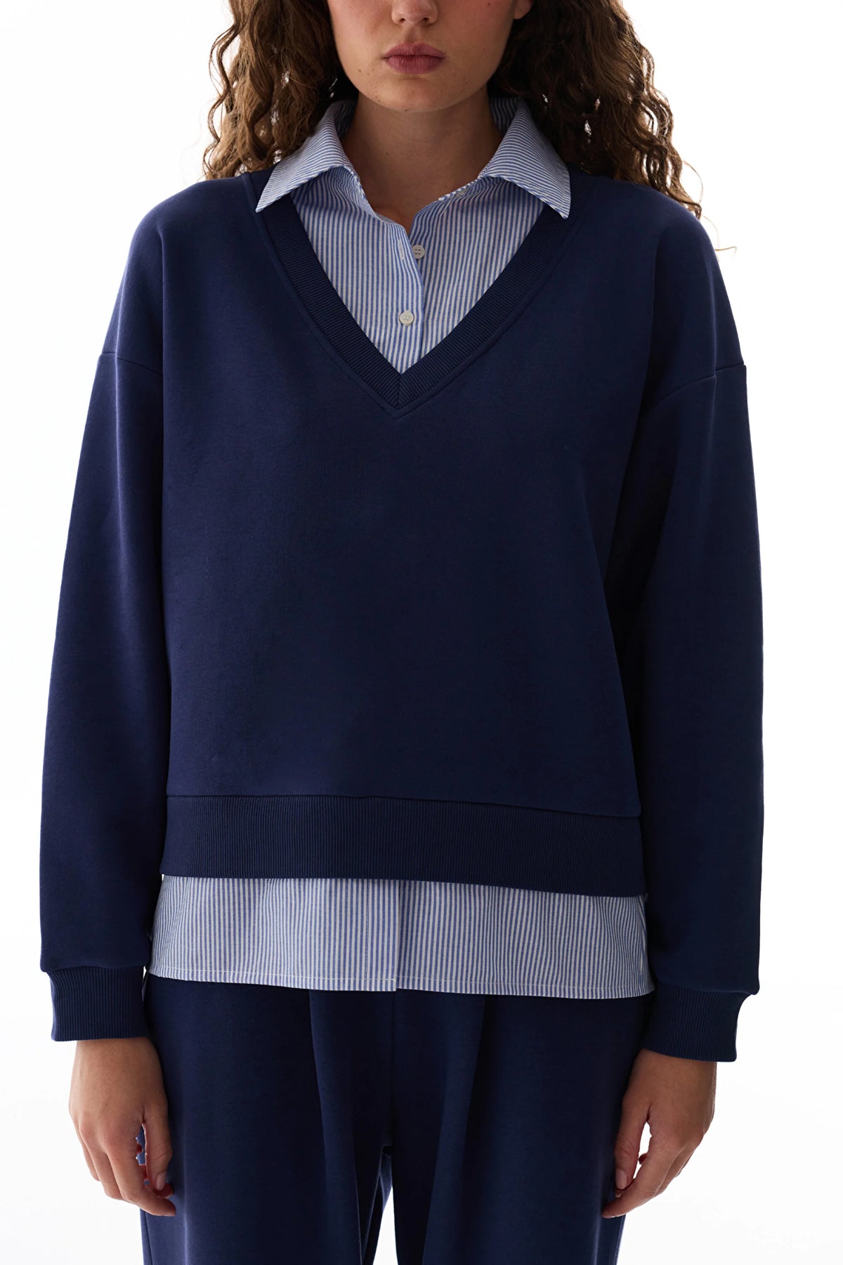 Lacivert Gömlek Katmanlı Polo Yaka Sweatshirt