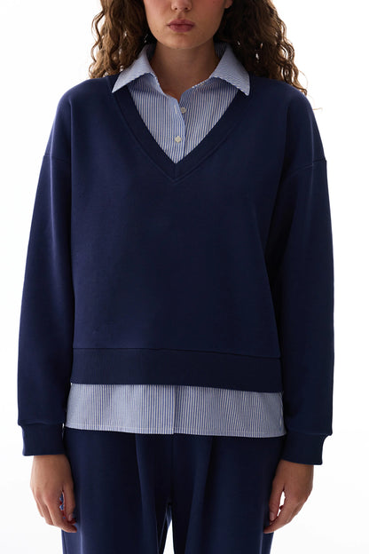 Lacivert Gömlek Katmanlı Polo Yaka Sweatshirt