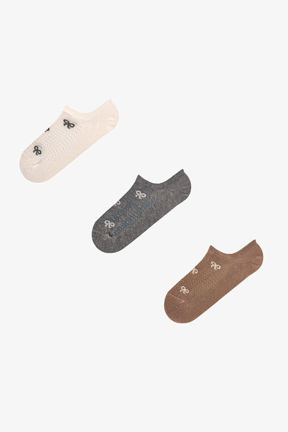 Kahve Ribbon Jakarlı Fiyonk Desenli Pamuklu 3 Çift Sneaker Çorap