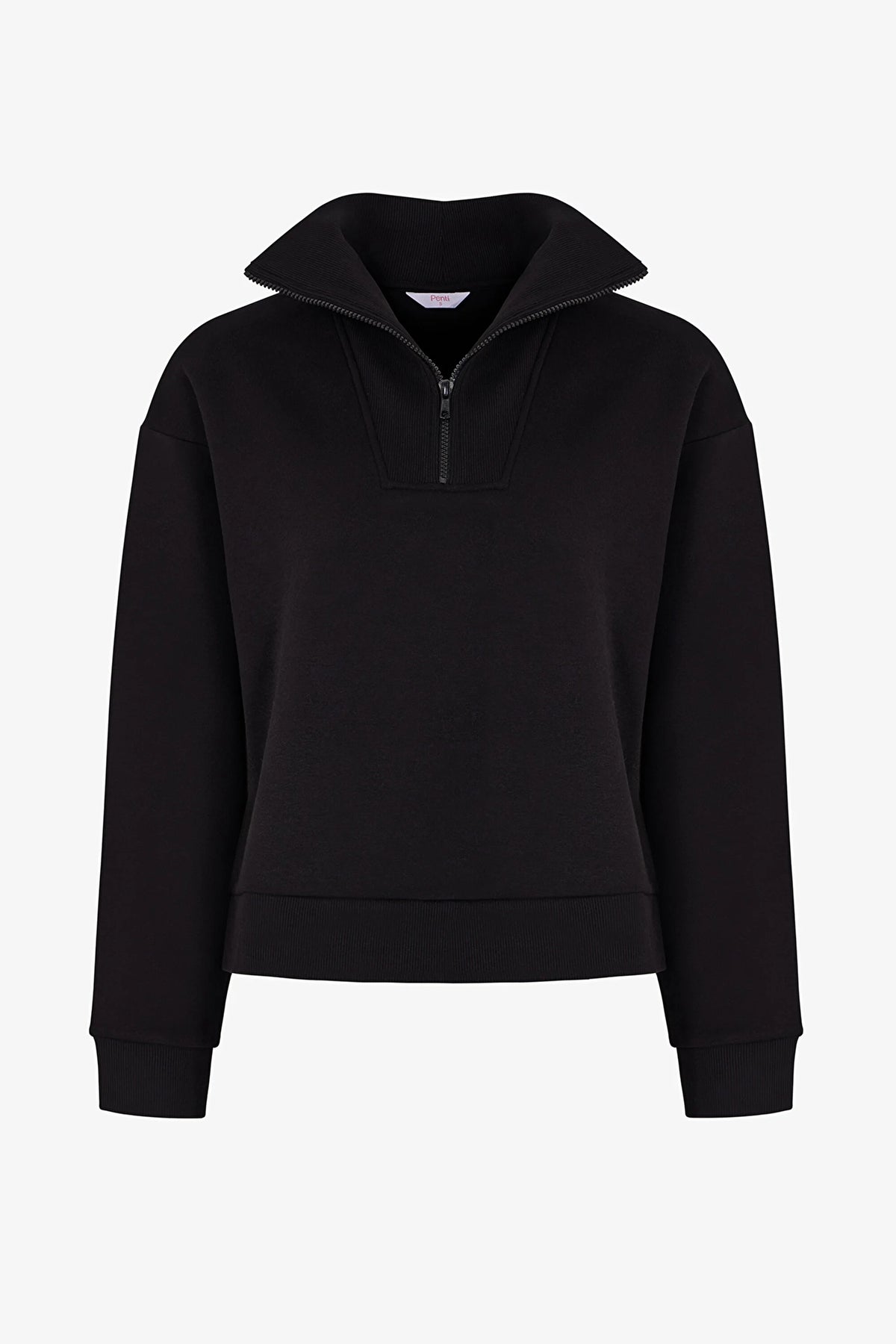 Siyah Yarım Fermuarlı Şardonlu Sweatshirt