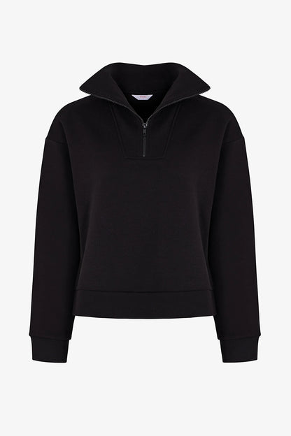 Siyah Yarım Fermuarlı Şardonlu Sweatshirt