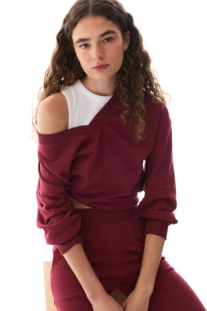 Bordo Geniş V Yakalı Sweatshirt