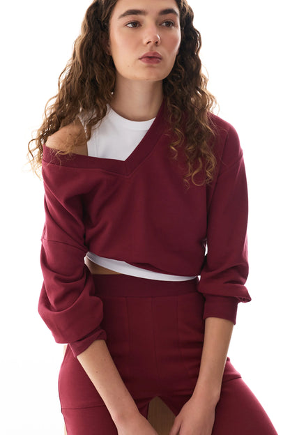 Bordo Geniş V Yakalı Sweatshirt