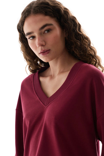 Bordo Geniş V Yakalı Sweatshirt