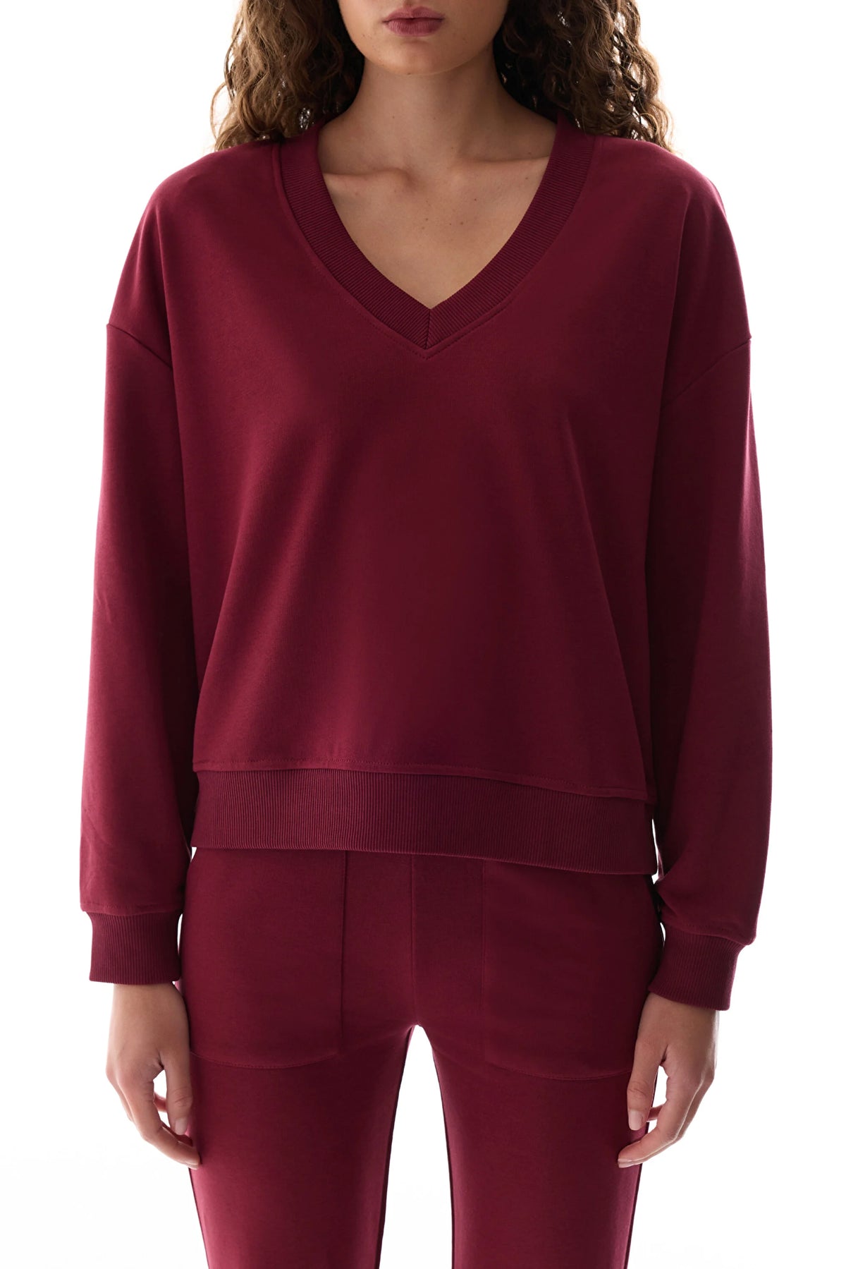Bordo Geniş V Yakalı Sweatshirt