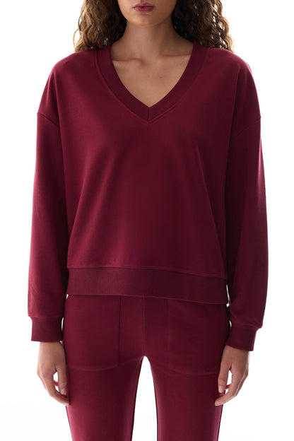 Bordo Geniş V Yakalı Sweatshirt