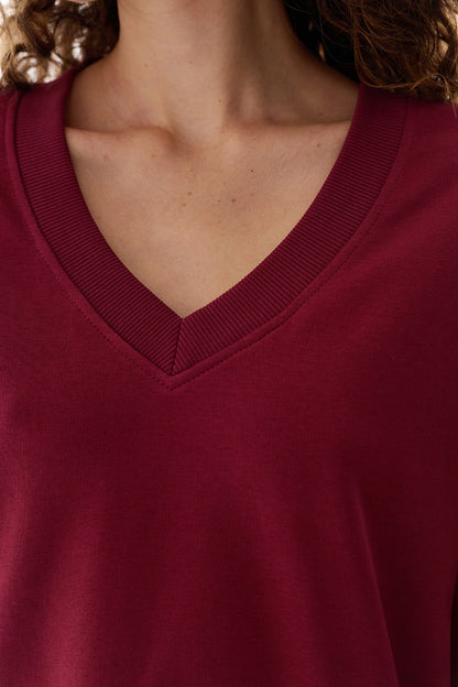 Bordo Geniş V Yakalı Sweatshirt