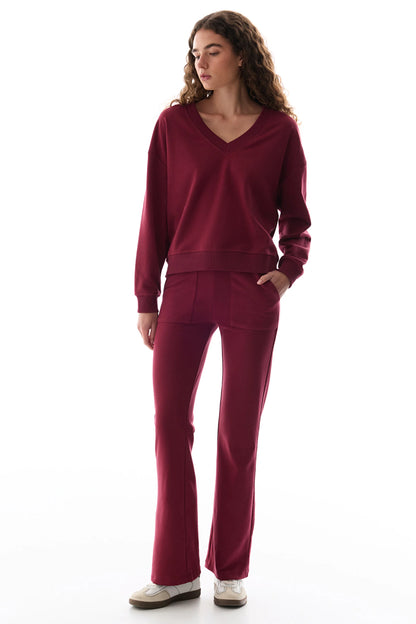 Bordo Geniş V Yakalı Sweatshirt