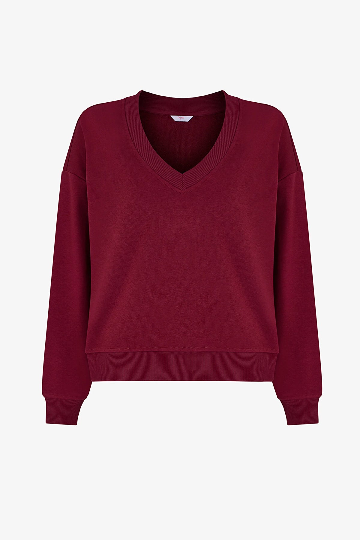 Bordo Geniş V Yakalı Sweatshirt