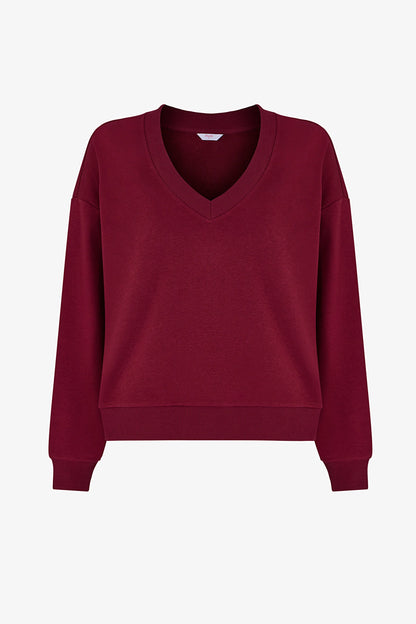 Bordo Geniş V Yakalı Sweatshirt