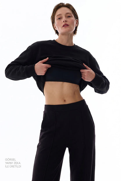 Siyah Modal Bisiklet Yaka Oversize Sweatshirt
