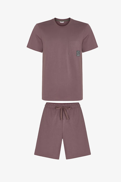 Erkek Kahverengi Woodland Earth Kısa Kollu Şort Pijama Takımı