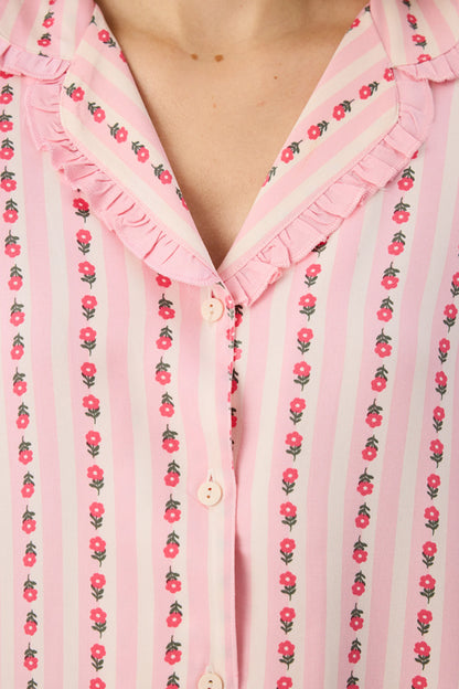 Açık Pembe Chloe Çiçekli Fırfırlı Uzun Kollu Gömlek Pantolon Pijama Takımı