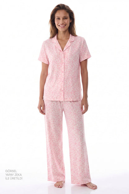 Pembe Leopar Kısa Kollu Gömlek Pantolon Pijama Takımı