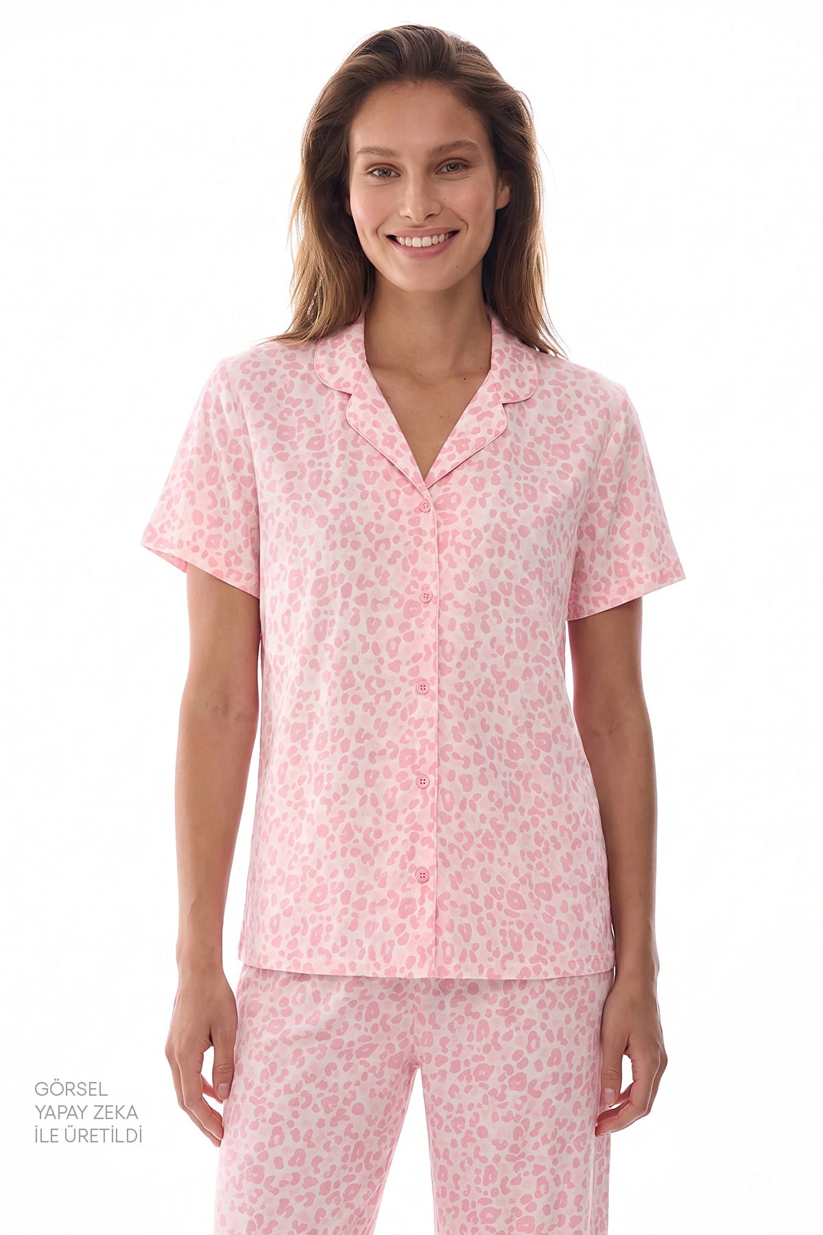 Pembe Leopar Kısa Kollu Gömlek Pantolon Pijama Takımı